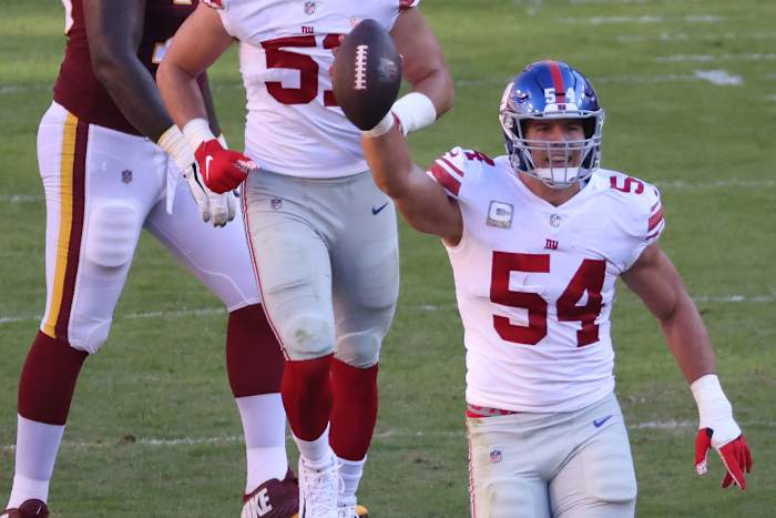 Nov 8, 2020; Landover, Maryland, USA; New York Giants inside linebacker Blake Martinez (54) celebrates after an interception against the Washington Football Team in the second quarter at FedExField.